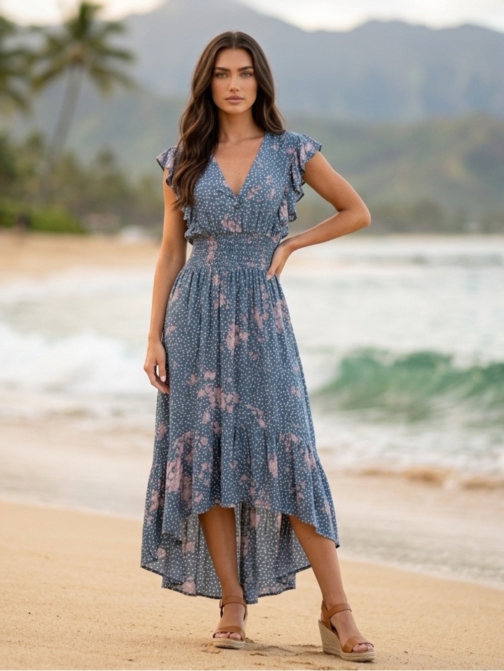 Tiare Hawaii Blue Tie Dye Polka Dot Smocked Midi Dress OS Boho